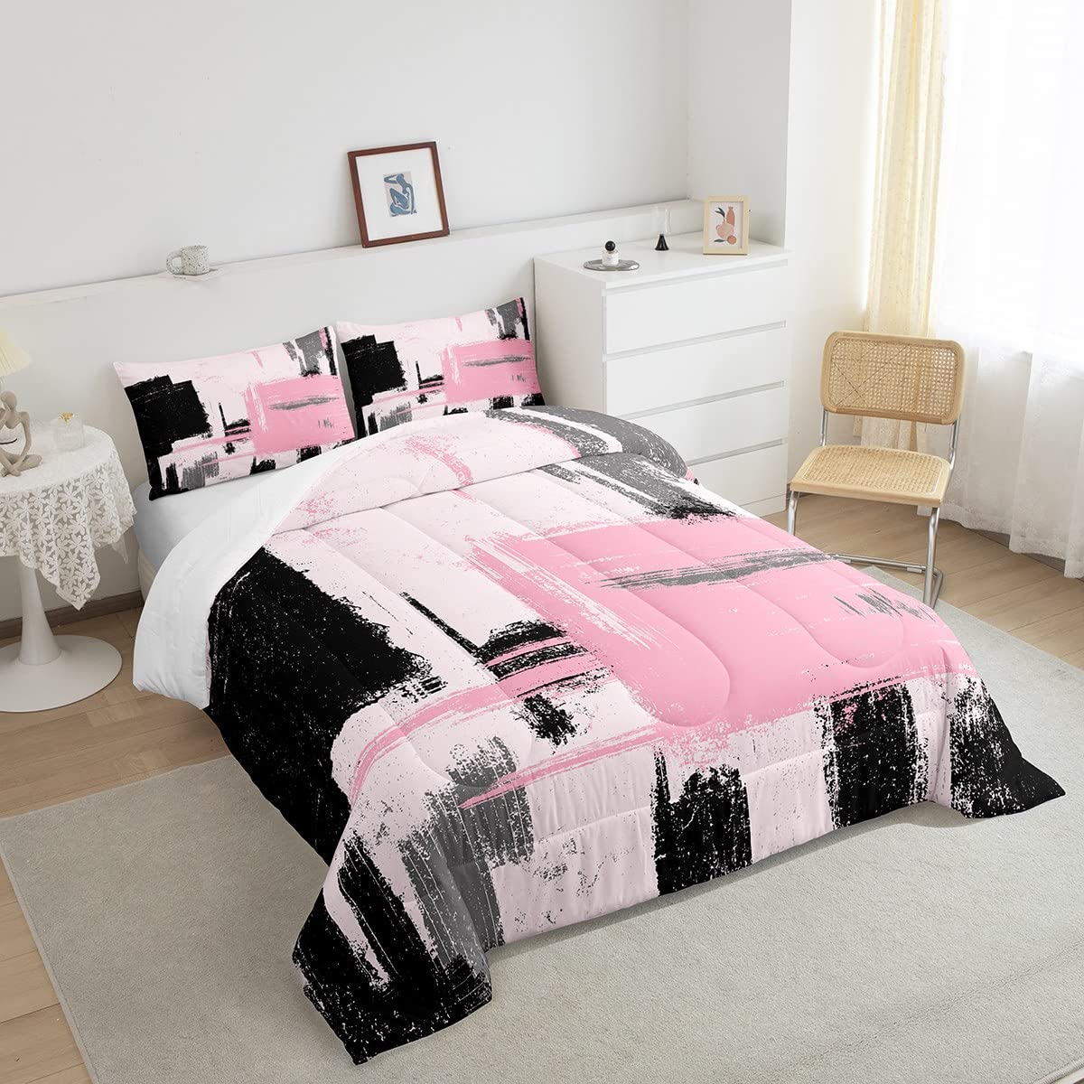 Feelyou Abstract Comforter Modern Abstract Art Comforter Set for Boys Girls Children Pink Black Pattern Bedding Set Room Decor Twin Size Duvet Set 2Pcs