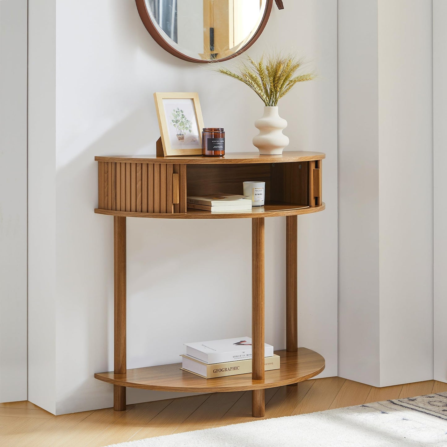 Entryway Table, Half Moon Fluted Console Tables with Storage, Mid Century Modern Small Half Round Sofa Tables for Hallway, Narrow Curved Accent Decor Table for Living Room (Mid-Century Modern, Walnut)