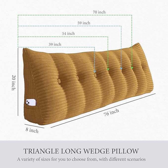 Wedge Headboard Pillow Dorm Room Reading Pillow Back Support for Sitting Up in Bed Bolster Lumbar Cushion Body Positioning Bedrest Corduroy (Khaki, King (76 * 8 * 20in))