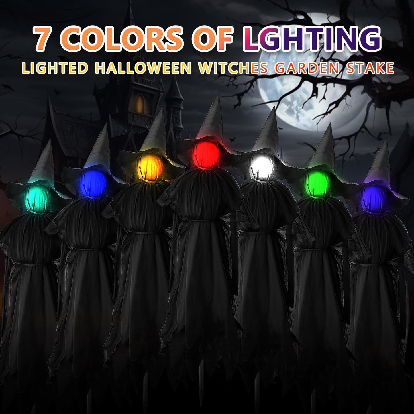 Halloween Witches Outdoor, 3 Light Up Witches Holding Hands with Stakes, Witch Decorations with Glowing Face for Yard Garden Outside Lawn Porch