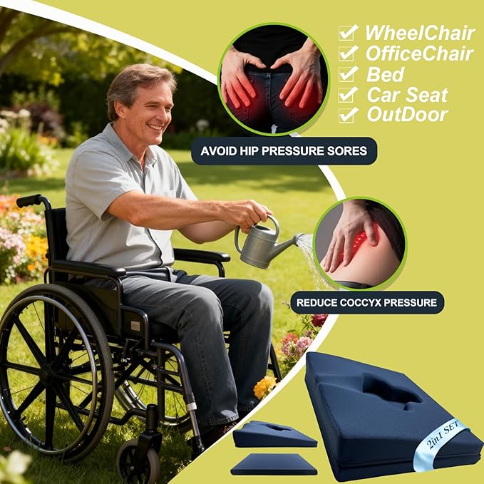 Rivquvi Gel Wheelchair Seat Cushion,Bed Sore Cushions for Butt,Office Chair Pressure Sore cushion,Memory Foam Pillow for bed,Pressure Ulcer Pain Relief,Relieve Sciatica,Coccyx,Washable Cover(Set Blue)