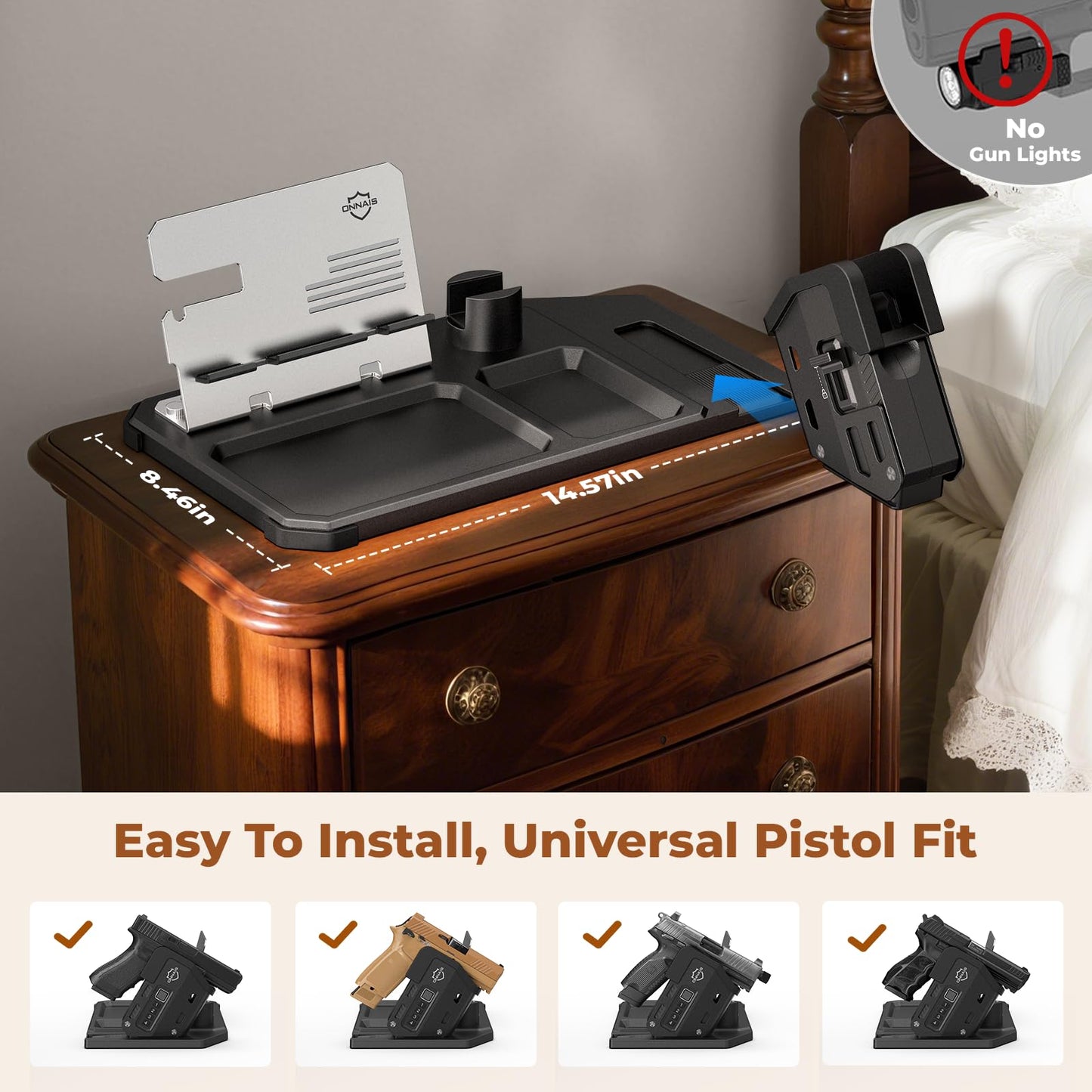 ONNAIS Gun Rack Trigger Lock - Detachable One-Hand Quick-Access Pistol Rack with Handgun Safe, All-in-One Desk & Nightstand Organizer with Phone Stand, Gun Accessories & Birthday Gifts for Men