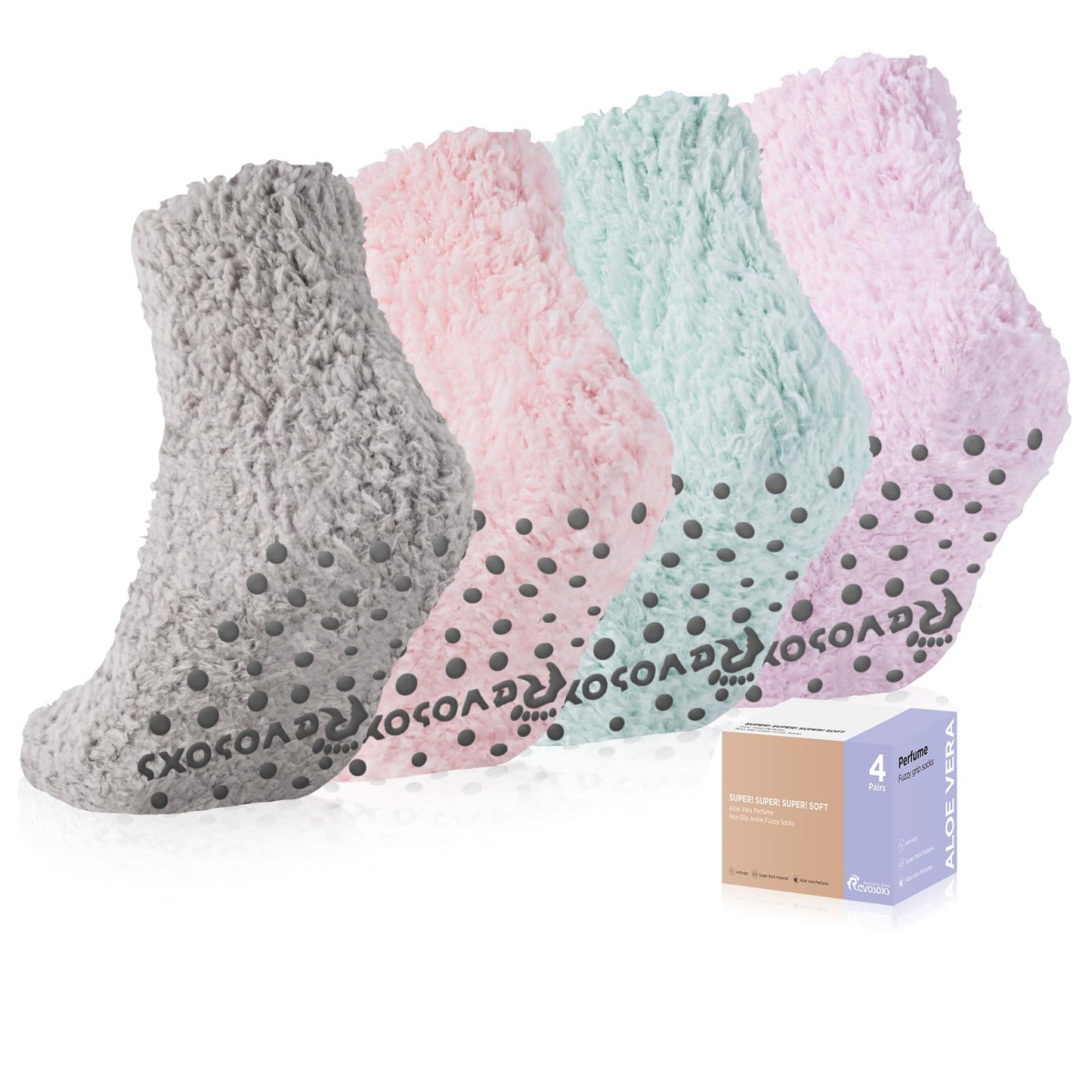 Revosoxs Fuzzy Grip Socks for Women Men,Thick Warm Slipper Cozy Fluffy Non Slip Ankle Hospital socks With Grips.（Pink+Grey+Green+Purple）