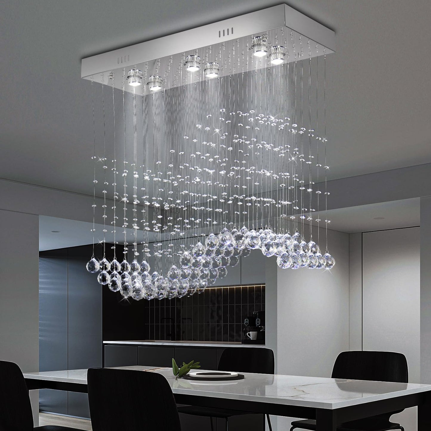 Finktonglan Linear Crystal Chandelier for Kitchen Island, 31.5'' Rectangular K9 Crystal Island Chandelier, 6-Light GU10 Height Adjustable Modern Dining Room Ceiling Light