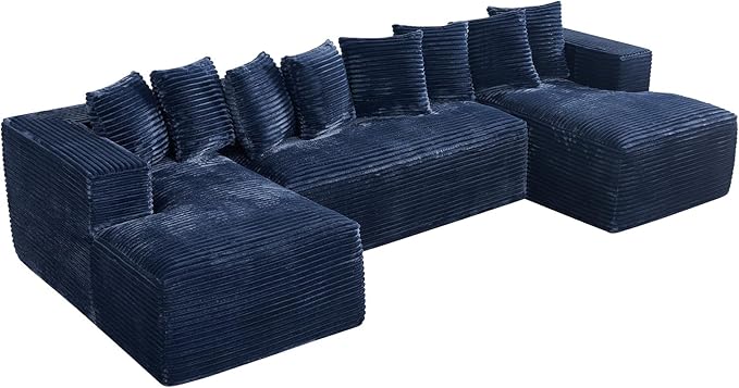 Modular Sectional Sofa, 130" U Shaped Cloud Couch Plush Corduroy Deep Seat Boneless Sofas with 8 Pillows Double Chaise Lounge Sectional Couches with Memory Foam for Living Room - Blue