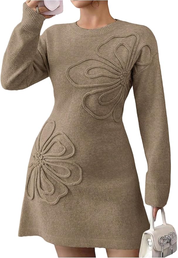 Verdusa Women's Floral Jacquard Sweater Dress Elegant Long Sleeve Short A Line Dresses Fall Clothes Festival Outfits