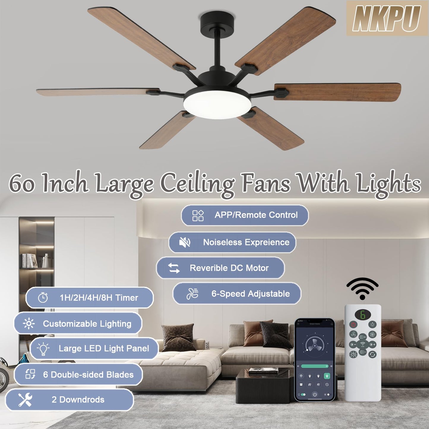 60 Inch Ceiling Fans with Lights, Large Modern Brown Ceiling Fan with Light and Remote Control, 6 Double Sided Blades, 6 Speed Reversible Motor, Dimmable LED, Silent Timing, Indoor Outdoor Patio Use