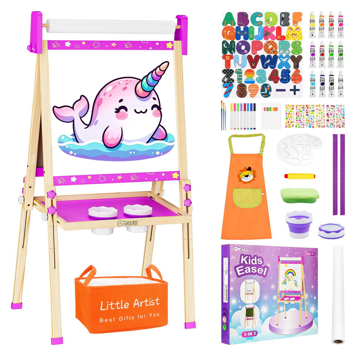 Easel for Kids Toys,Toddler Art Easel with Art Supplies, Height Adjustable Double-Sided Magnetic Dry Eraser Whiteboard and Chalk Board with Paper Roll,2 3 4 5 6 7 8 9 10 Year Old Girl Birthday Gifts