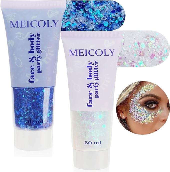 MEICOLY Blue and Clear White Face Body Glitter Set,Mermaid Face Glitter Gel,Singer Concerts Festival Rave Accessories,Spar...