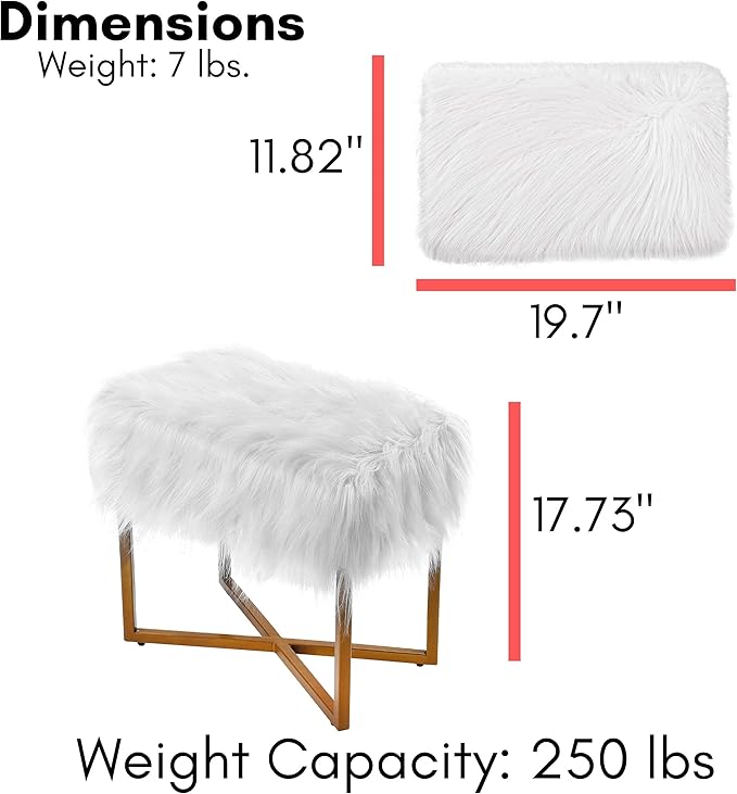 BIRDROCK HOME Rectangular White Faux Fur Foot Stool Ottoman with Gold Legs - Vanity Chair - Soft Compact Padded Seat - Bedroom and Kids Room Chair - Metal - Fluffy Makeup Seat