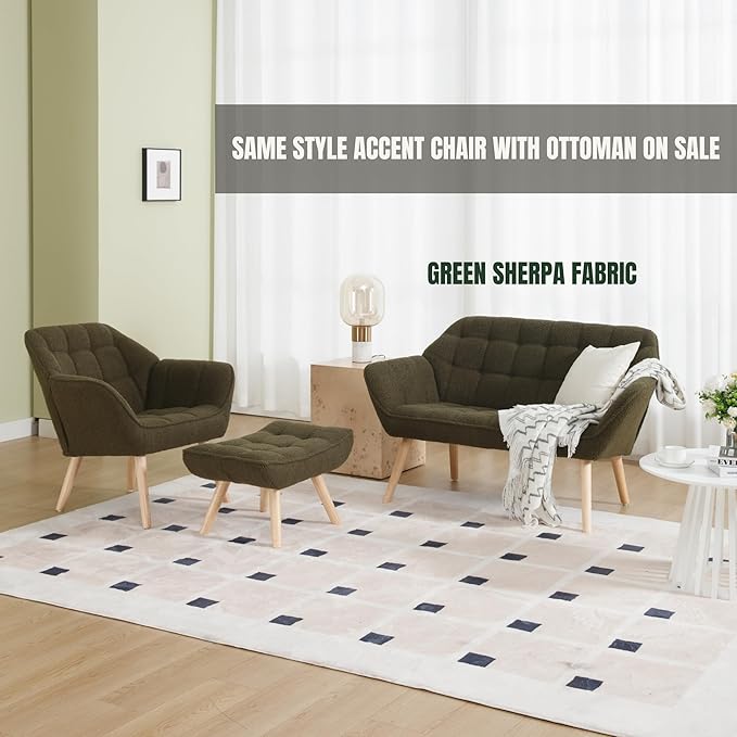 Hyfirm Small Loveseat Sofa, 48 inch Sherpa Love Seat for Living Room Comfy Mini Couch with Wood Legs for Small Spaces Bedroom Apartment Office, Dark Green