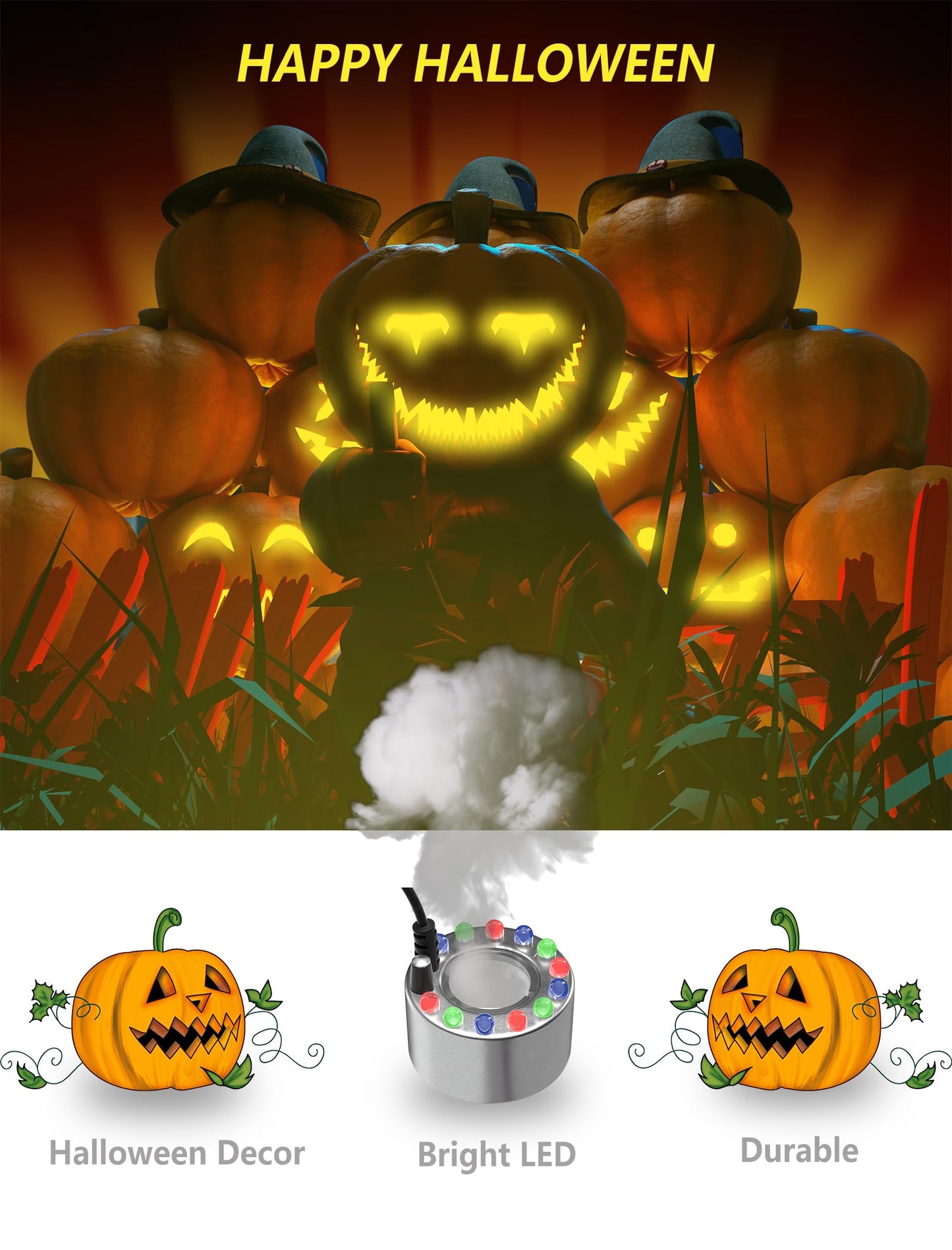 alizzy 12 LED Ultrasonic Mist Maker with Super Upgraded Splash Guard, Indoor Fountain Water Feature Halloween Cauldron Mini Fog Machine, Air humidifier Portable Reptile Fogger