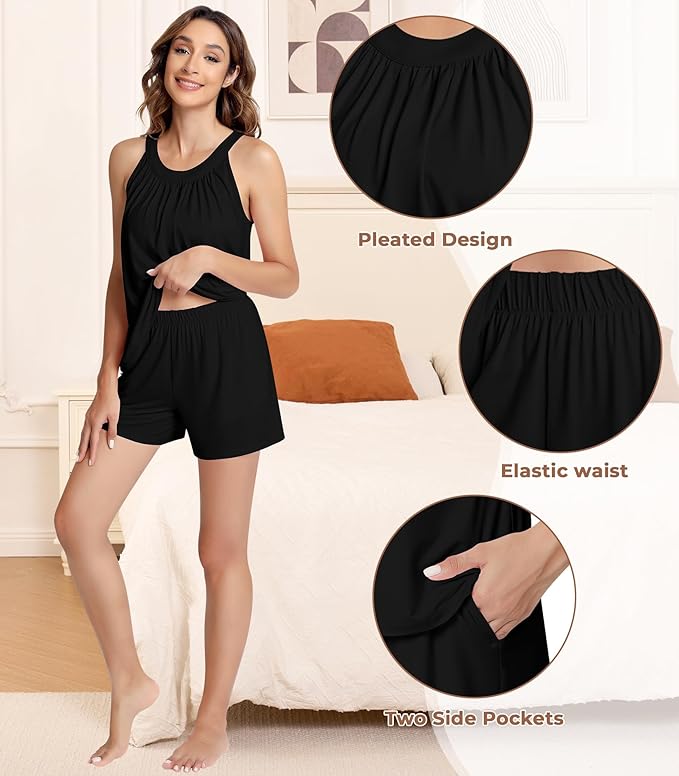 NACHILA Pajamas for Women-Viscose from Bamboo, Ribbed Racerback Tank Top Sexy Split Shorts Pajama Sets Cooling Sleep Cami Pjs