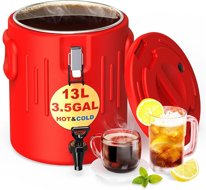 Insulated Beverage Dispenser 3.5 Gallon- Ice and Hot Drink Dispenser with 304 Stainless Steel Interior and Spout, Portable...