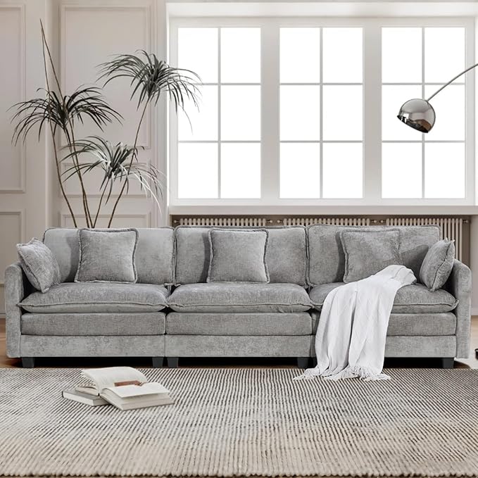 SoarFlash 113.78" Chenille Sectional Sofa, Comfy Modular Loveseat Sofa, Modern 3-Seat Couch Deep Seat Sofa Set for Living Room,Grey