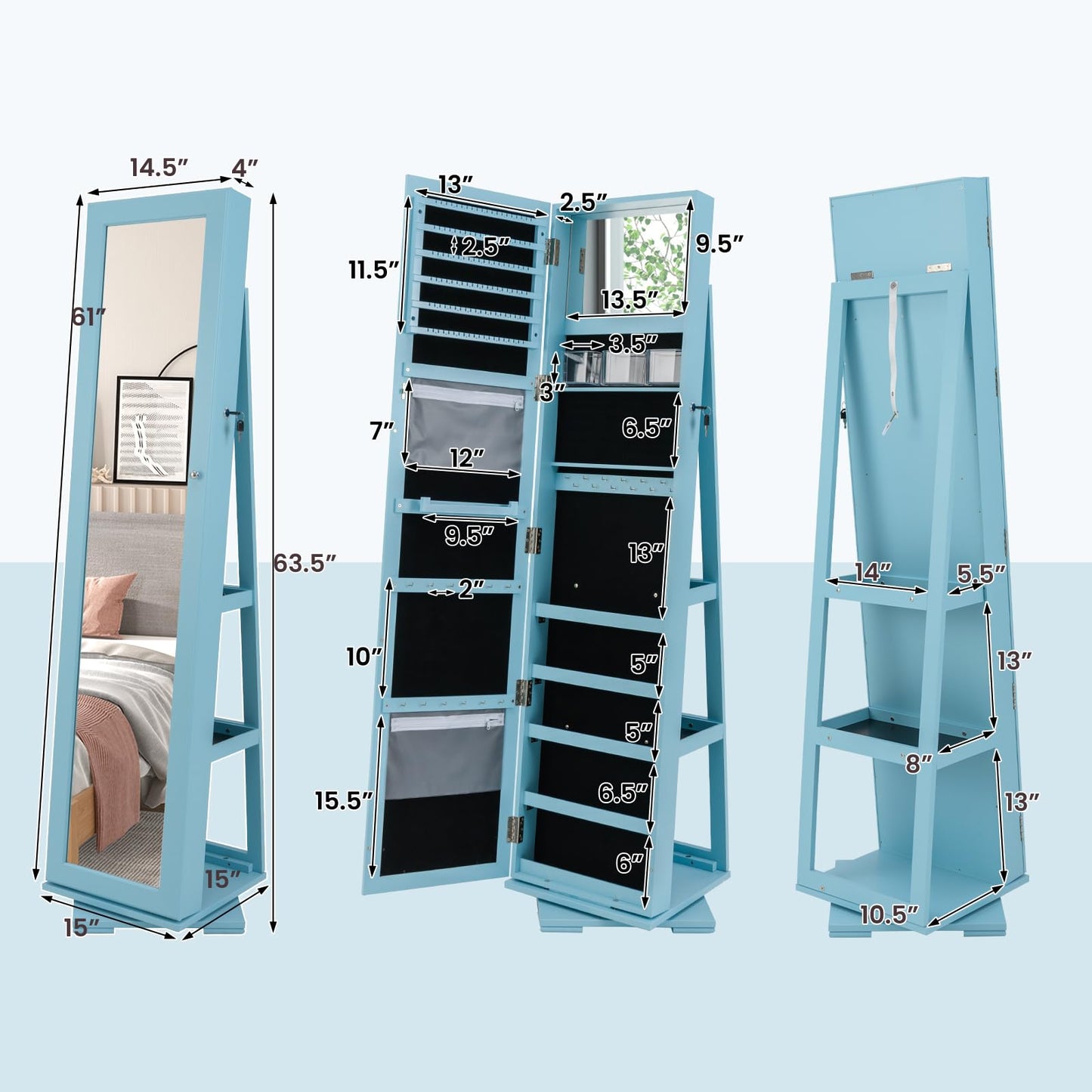 MAT EXPERT 360 Rotating Jewelry Armoire with Mirror, Freestanding Jewelry Storage Mirror w/78 Ring Slots, 24 Necklace Hooks, 120 Earring Slots, Lockable Jewelry Organizer for Makeup (Blue)