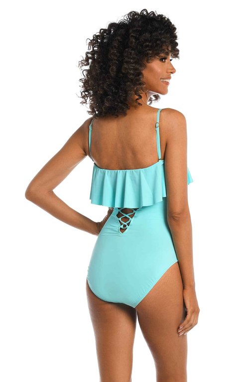 La Blanca Women's Island Goddess Ruffle Bandeau One Piece Swimsuit, Ice Blue, 10