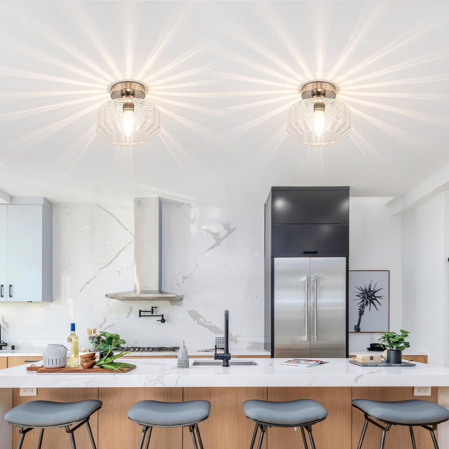 Tbaoinla Brushed Nickel Semi Flush Mount Ceiling Light Fixture with Textured Glass & Included 1200 Lumens LED Bulbs, Modern Hallway & Bathroom Light for Entryway, Kitchen, Laundry Room