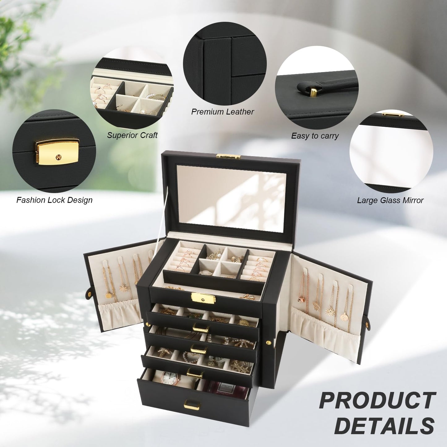V-LAFUY Large Jewelry Organizers and Storage, Jewelry Box for Women 5 Layers Jewelry Organizer, Large Jewelry Boxes & Organizers for Women, Black