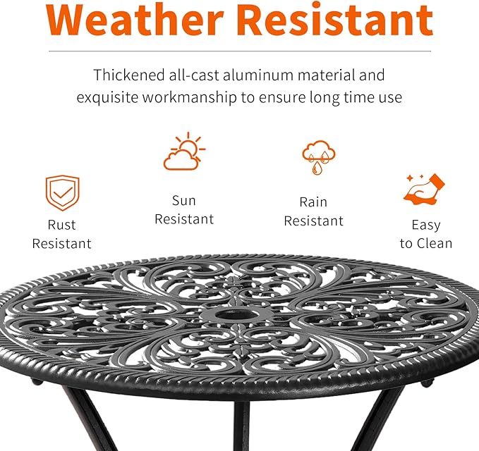 Withniture Bistro Set 3 Piece Outdoor, Bistro Table and Chairs Set of 2, All Weather Patio Bistro Set with Umbrella Hole, Patio Set for Garden, Black