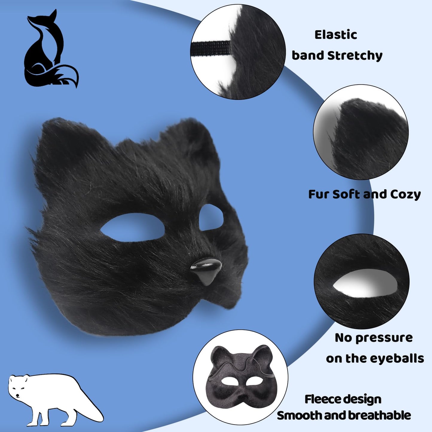 FunMular Therian Mask and Tail Cat Masks Animal Tail Fox Glove Set Furry Paws for Halloween Party Costume (Black)