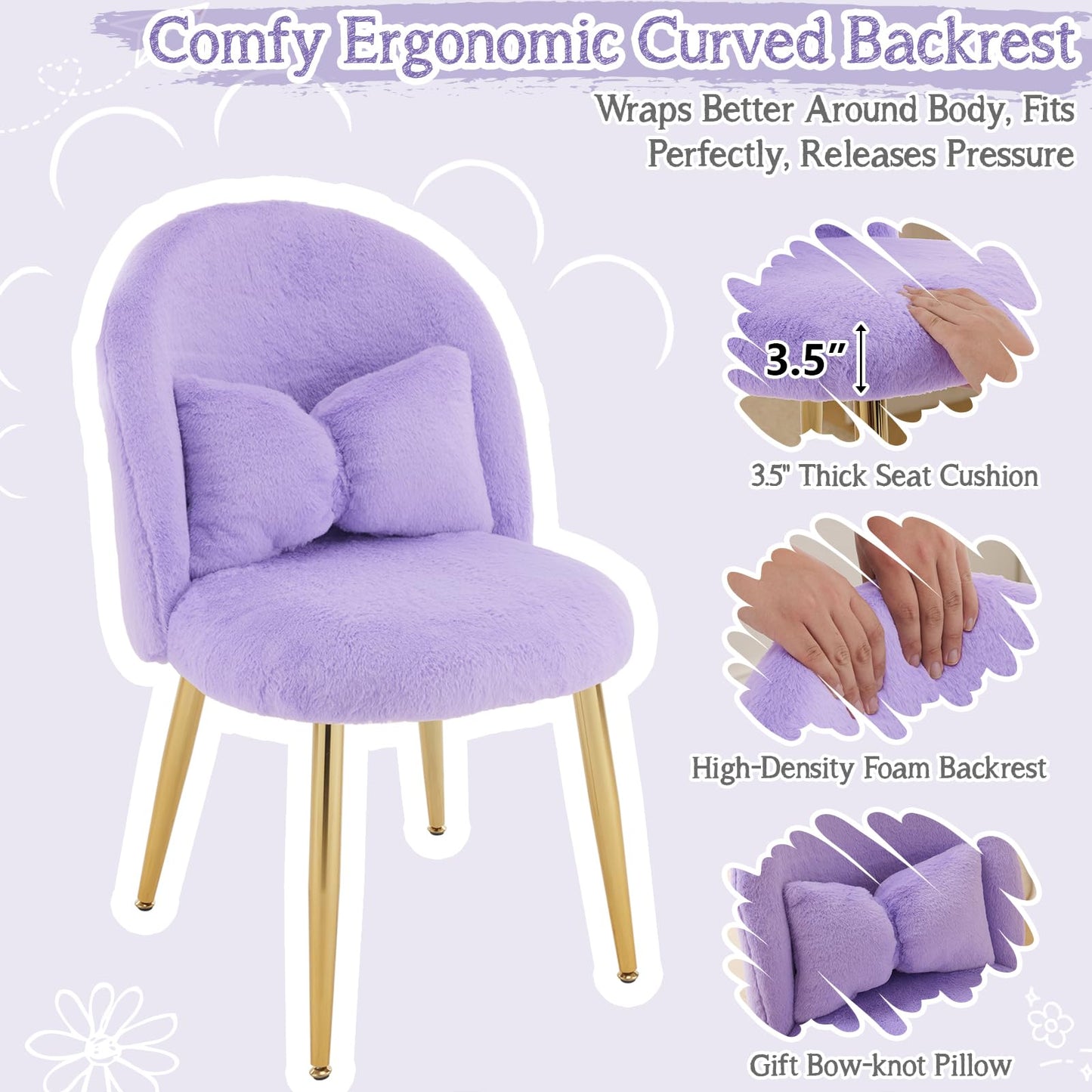 VINGLI Fluffy Girls Vanity Chair with Back & Pillow,Cute Small Cozy Desk Chair No Wheels,Comfy Makeup Ch with Ajustable Gold Legs,for Bedroom,Living Room,Small Space,Purple