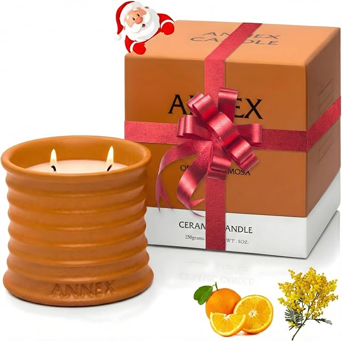 Scented Luxury Candles in Handmade Ceramic Jars, Soy Wax | Orange Blossom – Orange & Mimosa, Large Candle | Non Toxic, 2 Wicks, Reusable Big Orange Jar | Natural Spring Aromatherapy for Women & Men