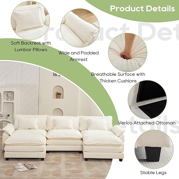 Oprisen 120" Modular Sectional Sofa, Comfy Cloud Couch Sectional Sofa with Ottoman, Chenille Sofa Sleeper Deep Seat Sofa with Throw Pillows for Living Room (Beige White, 120"- U Shape)