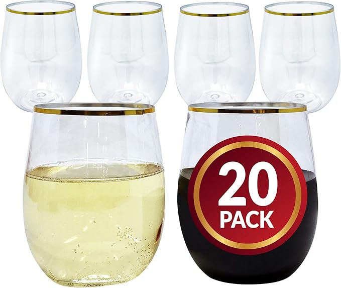Reli. 12oz. Disposable Wine Glasses Gold-Rim (20 Pack) Stemless Crystal Clear | Reusable & Recyclable BPA-Free Food-Grade ...