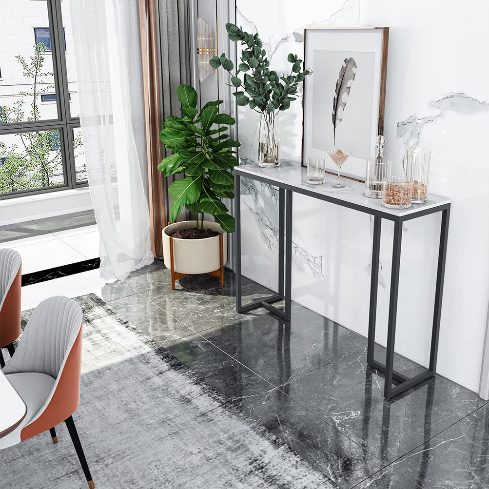 Wisfor Sintered Stone Entryway Table: White Console Table with Black Frame for Hallway - Long Narrow Table Behind Sofa, 39.4x11.8x30.9 inch