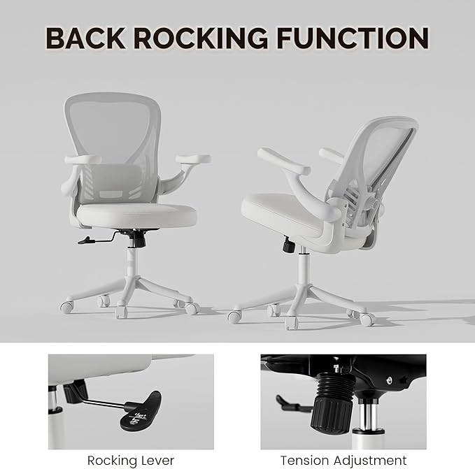 Ollega Computer Desk Chair with Wheels, Mesh Office Chair with Flip Up Arms, Adjustable Lumbar Support, Swivel Desk Chair Comfy, White