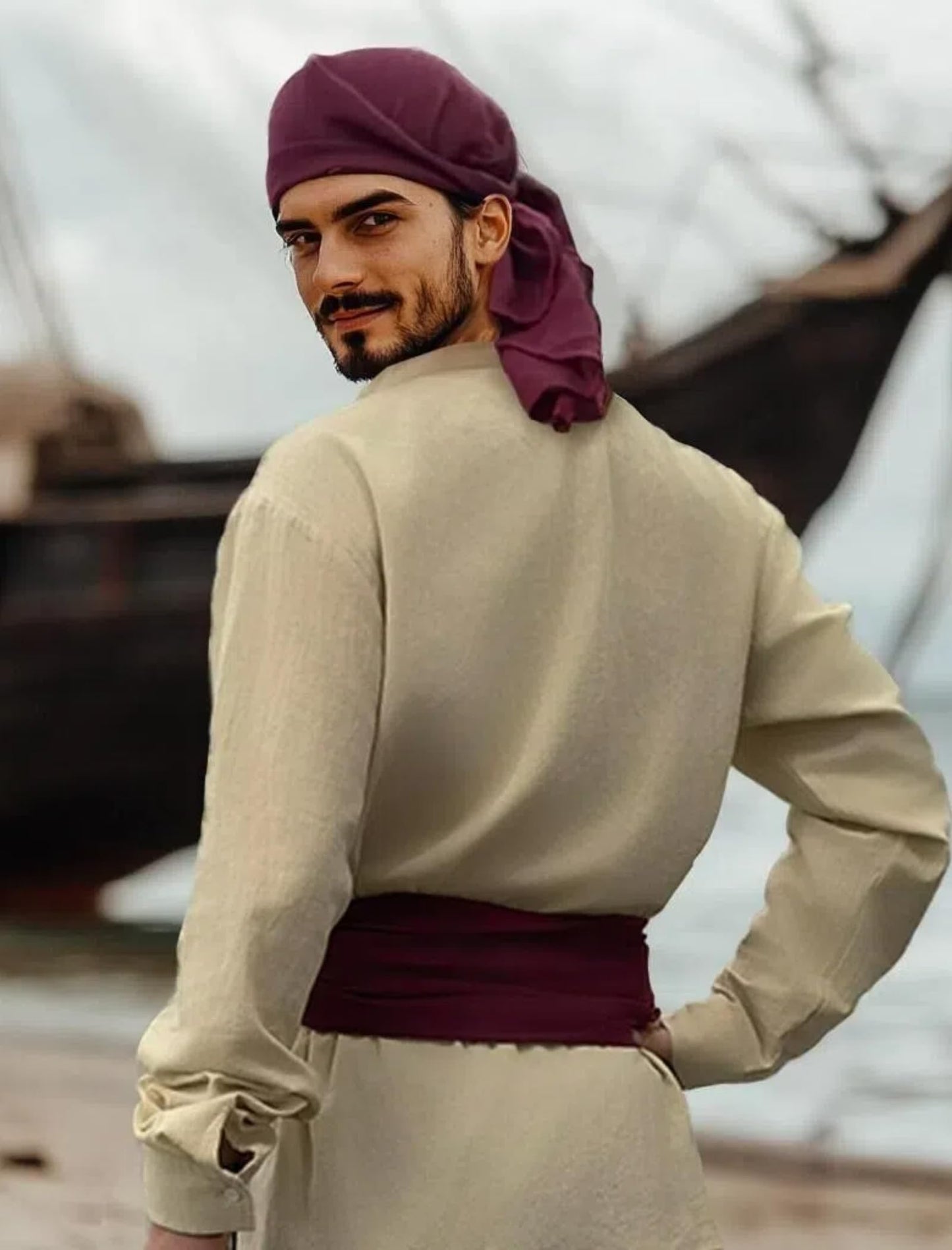 Verceco Mens Pirate Costume Outfit Renaissance Costume Men Medieval Outfit With Pirate Pants Shirts Sash Accessories Khaki Large