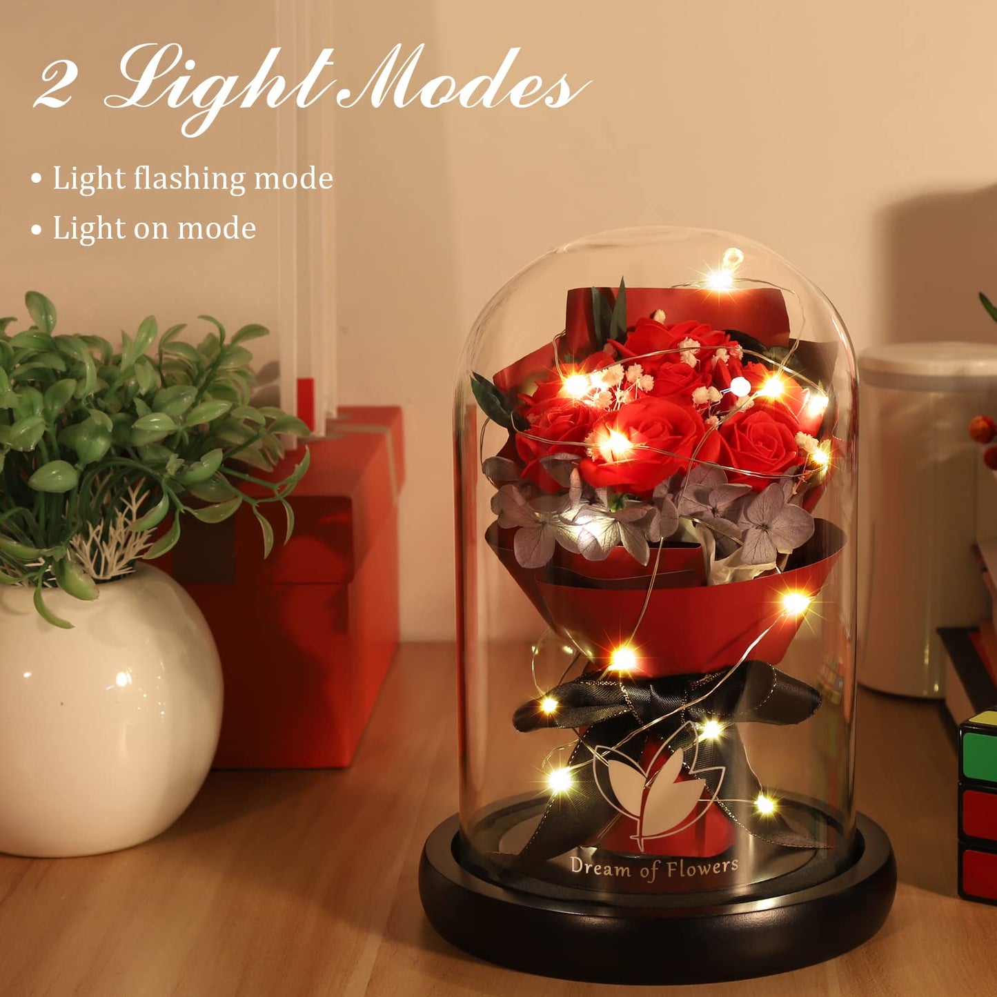 Birthday Flowers Gifts for Women,Anniversary Rose Gift for her,Beauty and The Beast Rose in Glass Dome with 2 Lighting Mode,Forever Flowers Bouquets Birthday Gifts for Women Mom Wife Girlfriend