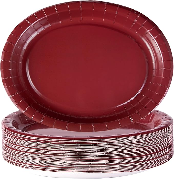50Pcs Burgundy Oval Paper Plates 10" x 12" Heavy Duty Maroon Wine Dark Red Party Disposable Plates Valentines Day Dessert ...