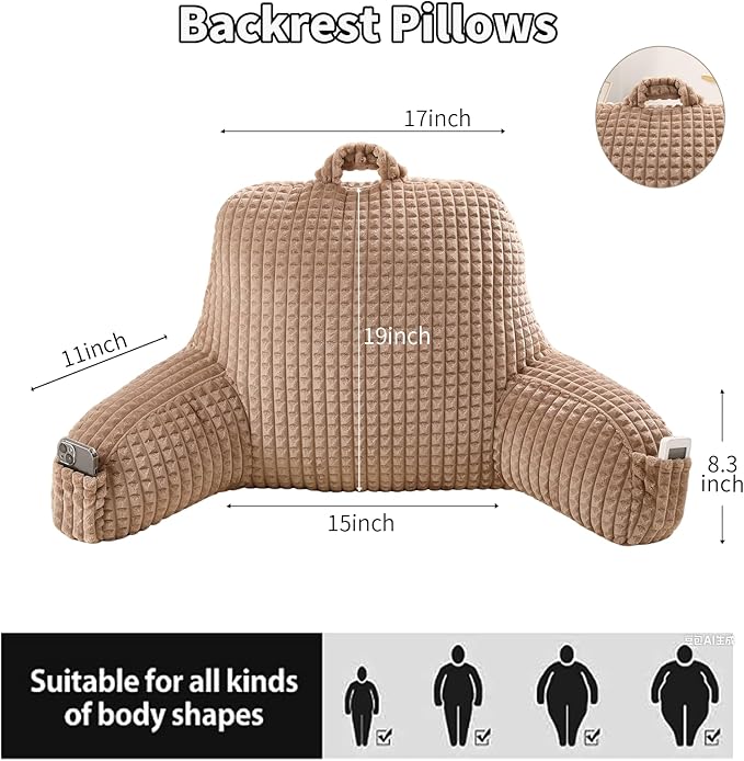PAJEO Reading Pillow for Sitting in Bed, Large Backrest Reading Pillow with Arm Rest,Back-Rest Support Cushion for Sit Up on Couch, Sofa, and Floor, Dorm Essentials (Khaki Flannel, Large(19"))
