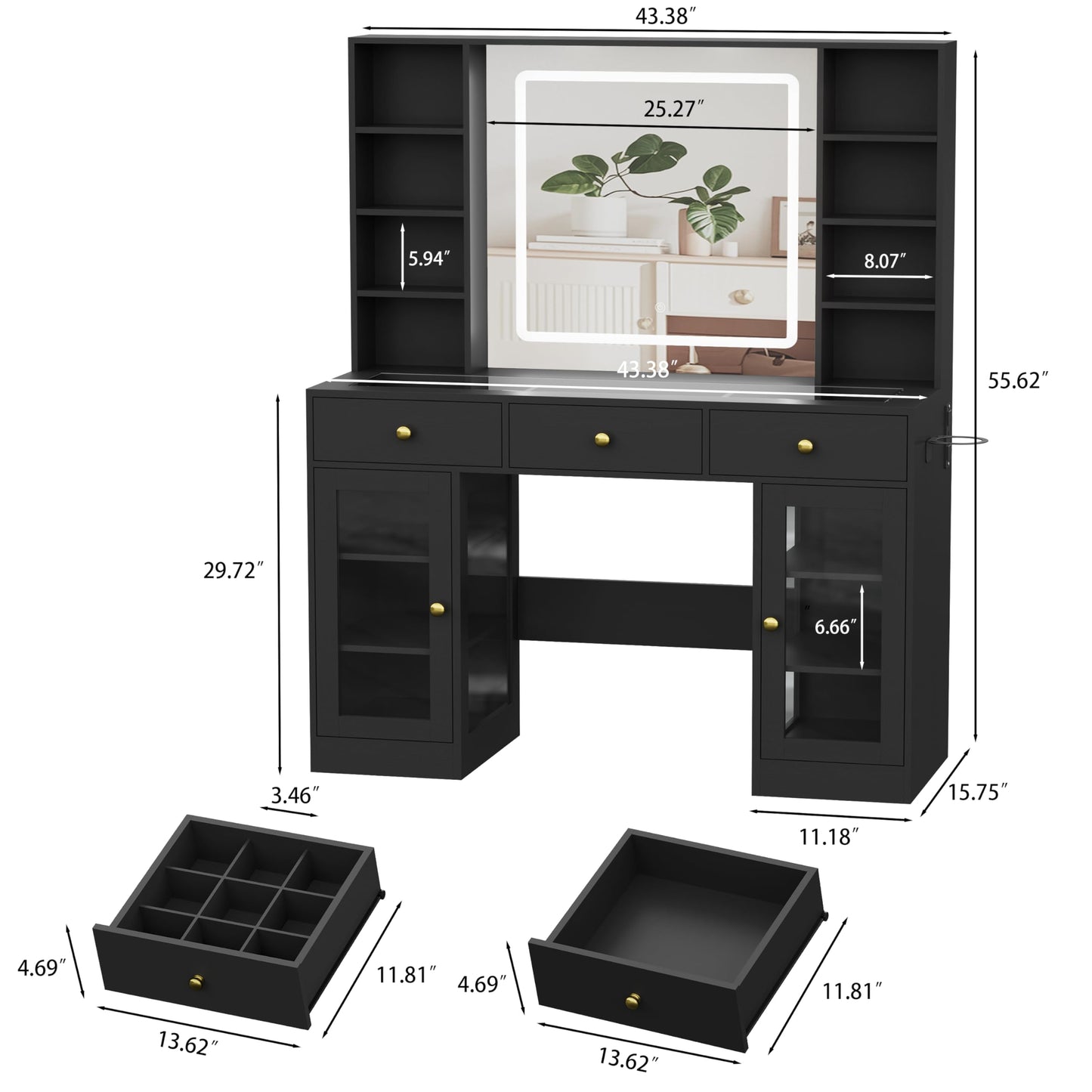 Black Vanity Desk with Mirror and Lights, 43.4" Makeup Vanity Table Set with Lighted Mirror & RGB Glass Cabinet, 3 Drawers, Glass Top Dressing Table with Large Shelves for Girls, 3 Color Modes