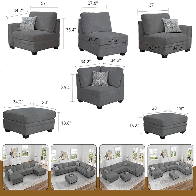 Legend Vansen Oversized Modular Sectional Sofa,6 Seat U Shaped Couch with Ottoman,Corduroy Sofa with Deep Seat,Convertible Large Sectional Couches for Living Room (Grey, U-6)