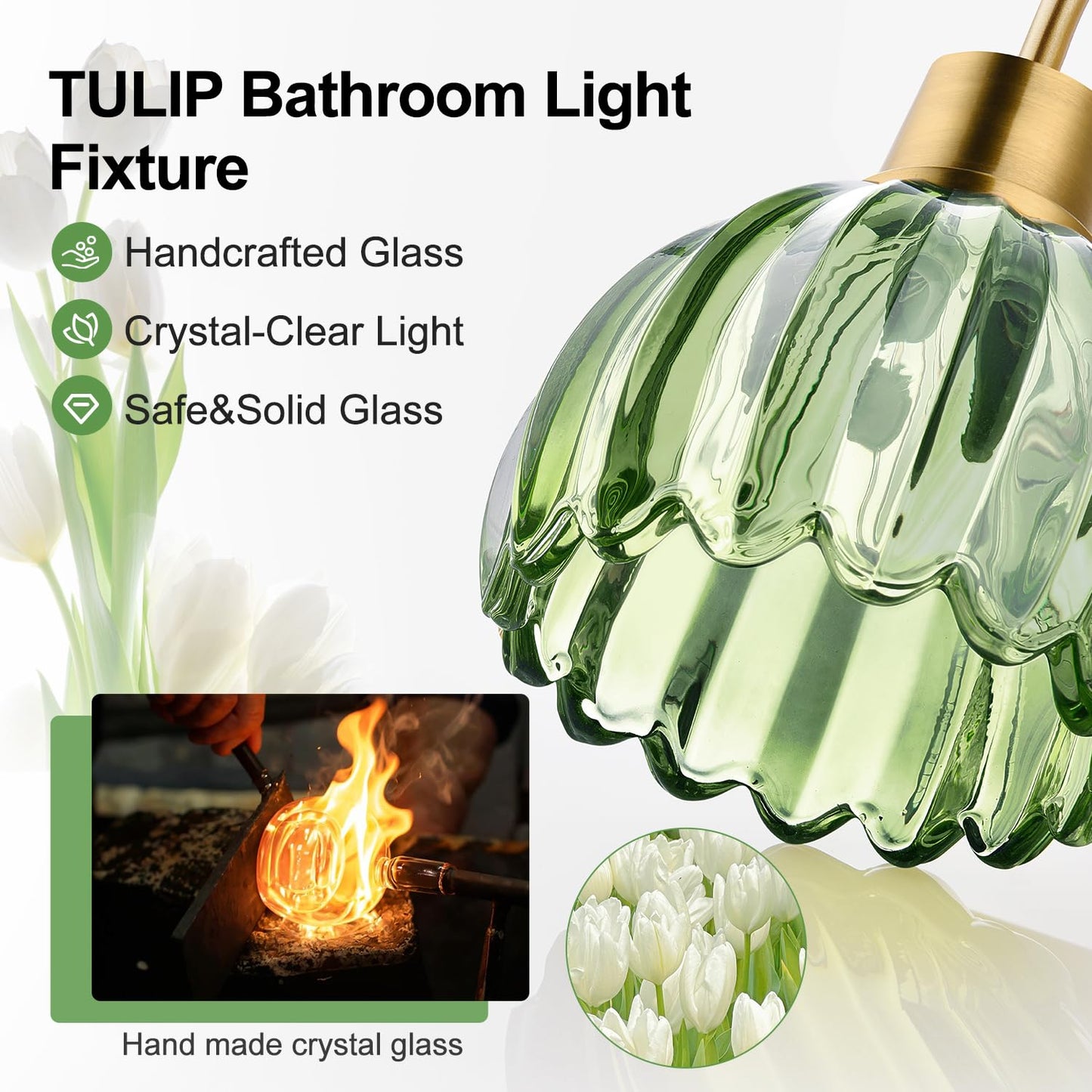 Meybiok 2-Pack Brushed Gold Bathroom Vanity Light, Single-Head Wall Sconce with Ribbed Green Tulip Glass Shade, Vintage Bathroom Light Fixtures for Bedroom, Hallway & Bedside (Bulbs Not Included)