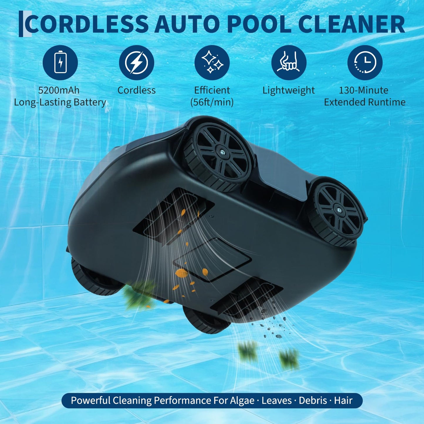 Garvee Cordless Robotic Pool Vacuum Cleaner with 130-Min Runtime, Self-Parking Technology for Above-Ground Pools up to 860 Sq.Ft, Efficient Filtration & Portable Design