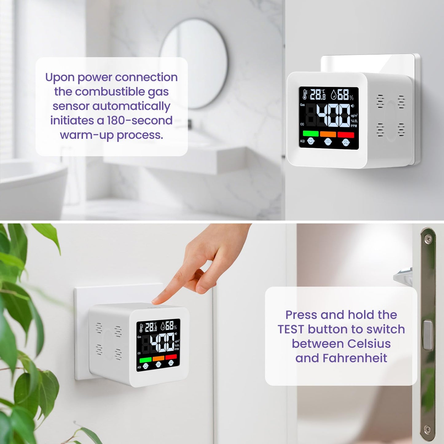 Plug-in 4-in-1 Gas & CO Detector with Temp/Humidity - Natural Gas, Propane & Methane Detector for Home, RV & Apartments (1, White-Beep Edition)