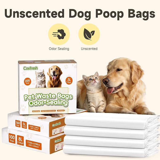 Odor-Sealing Dog Poop Bags with Handles 160 Count Pet Waste Bags, Large Capacity & Unscented Poop Bags for Dogs or Cat Litter, Conceals Smell & Mess (White)