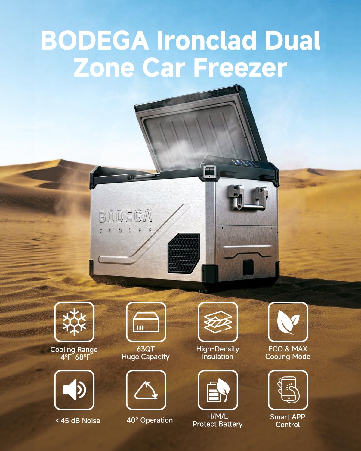 BODEGA 12V Car Refrigerator, 63QT Stainless Steel Portable Fridge with Removable Divider for Dual Zone MAX/ECO Modes & Battery Protection, Electric Cooler for RV, Truck, Camping