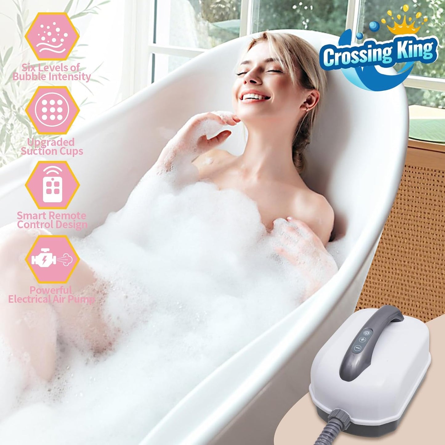 Bubble Bath Mat Tub Spa Massager, Portable Spa Bubble Bath Massager with Upgraded Powerful Suction Cup, Electric Air Pump, Pillow and Remote Control for Relaxation 45 * 17in (Pink)