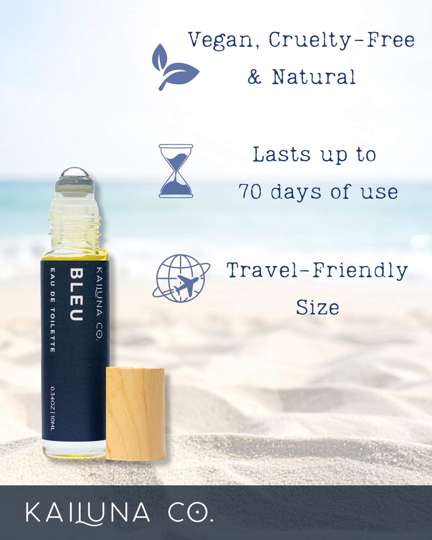 Kailuna Co. Bleu for Men Perfume Roll On with Essential and Fragrance Oils and Organic Jojoba Oil, Alcohol Free, Eau de Toilette, Made in California