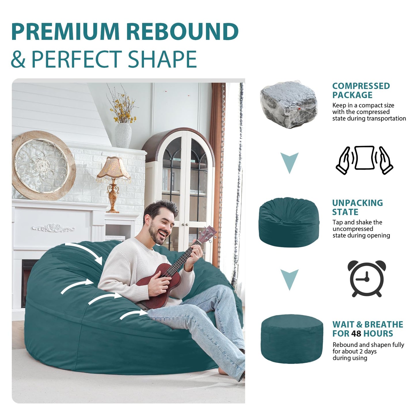SIMFLAG 5FT Bean Bag Chair, Large Bean Bag Chairs with Memory Foam Filled, Fluffy Beanbag Sofa with Dutch Velvet Cover, Round BeanBag Chairs for Living Room, Playroom- Sea Blue