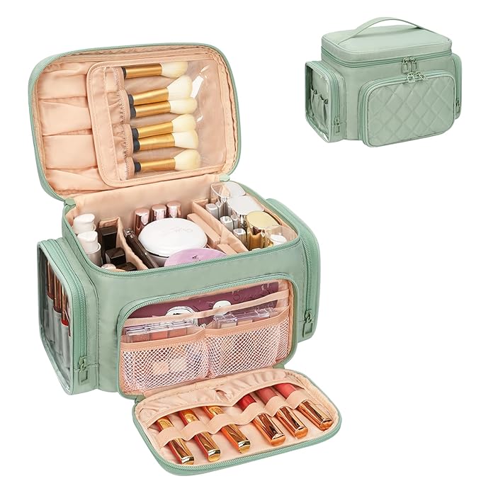 Large Makeup Bag, Portable Travel Makeup Bag Organizer for Women Girls with Makeup Brush Compartment & Two Side Pockets, Cosmetic Travel Bag Vertical Storage Toiletry - Green