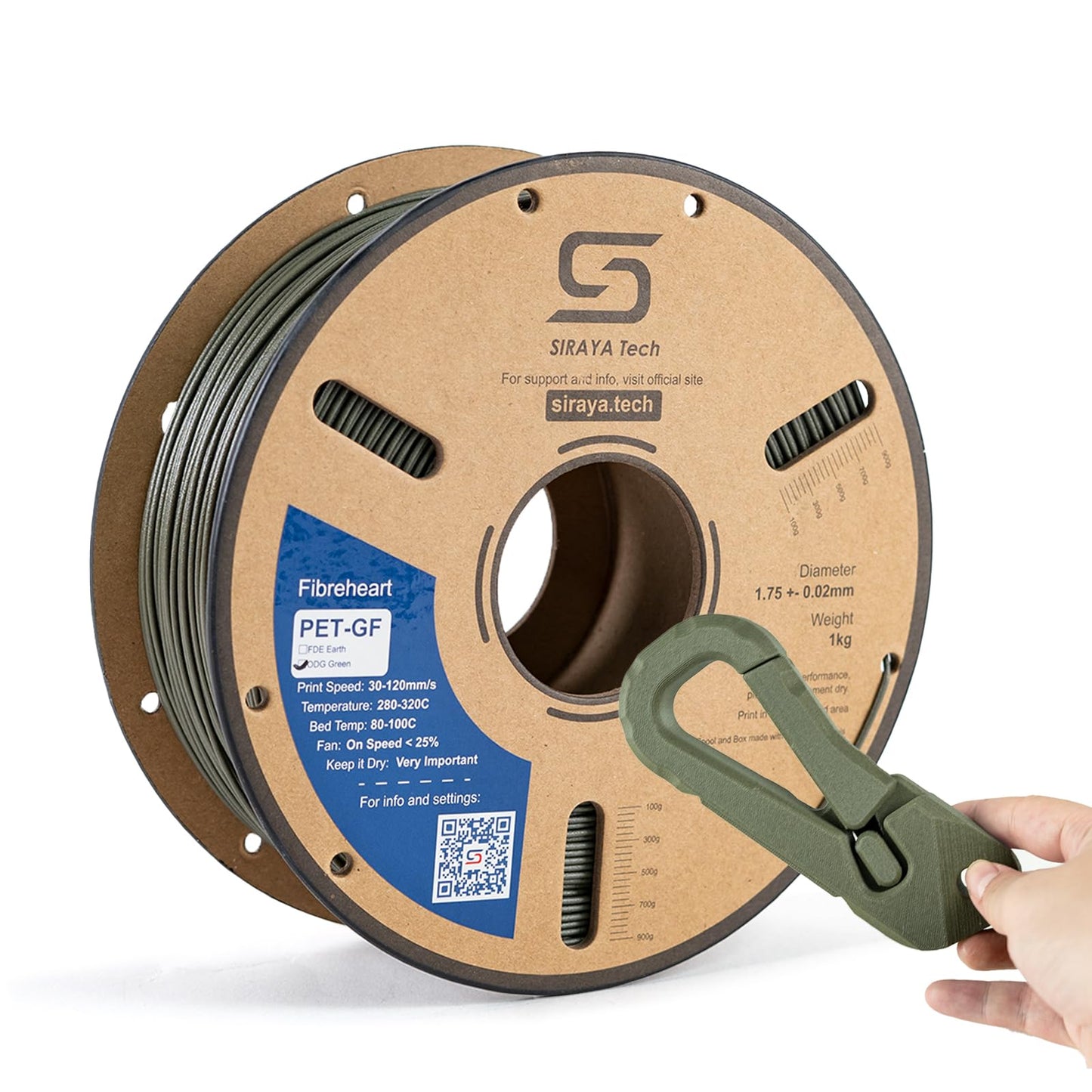 Siraya Tech Fibreheart PET-GF ODG Olive Green 3D Printing Filament, 1kg - 15% Glass Fiber Reinforced, Flat Dark Earth, UV Resist