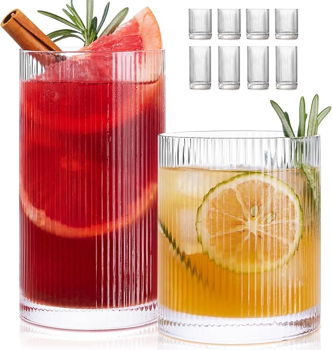 LUNA & MANTHA Ribbed Glasses Drinking Set of 8-17oz Large Capacity Highball Glasses, 12oz Rocks Glass Cups, Vintage Cockta...