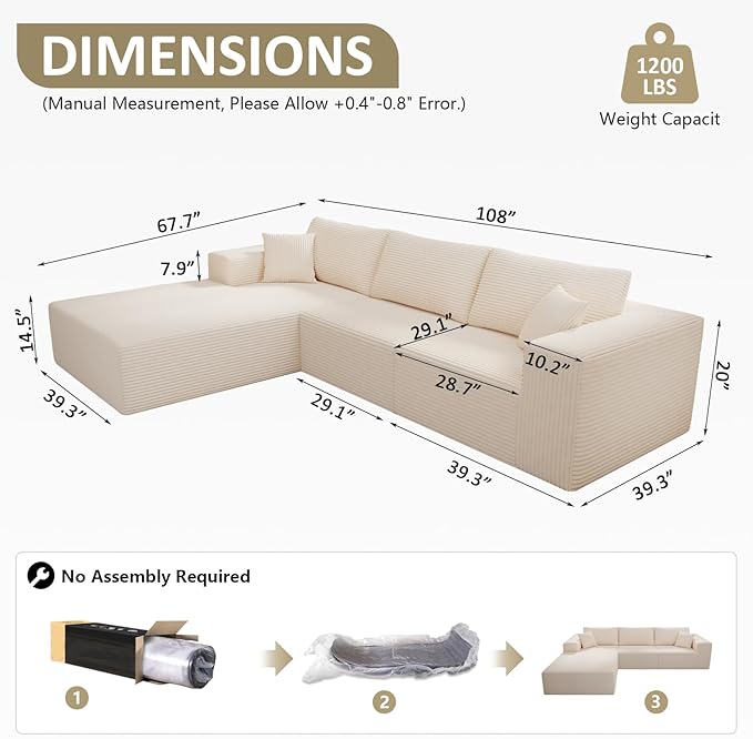 108" Modular Sectional Sofa — Oversized Cloud Couch with L-Shape Chaise, Upholstered 3-Seat Modular Sectional for Living Room