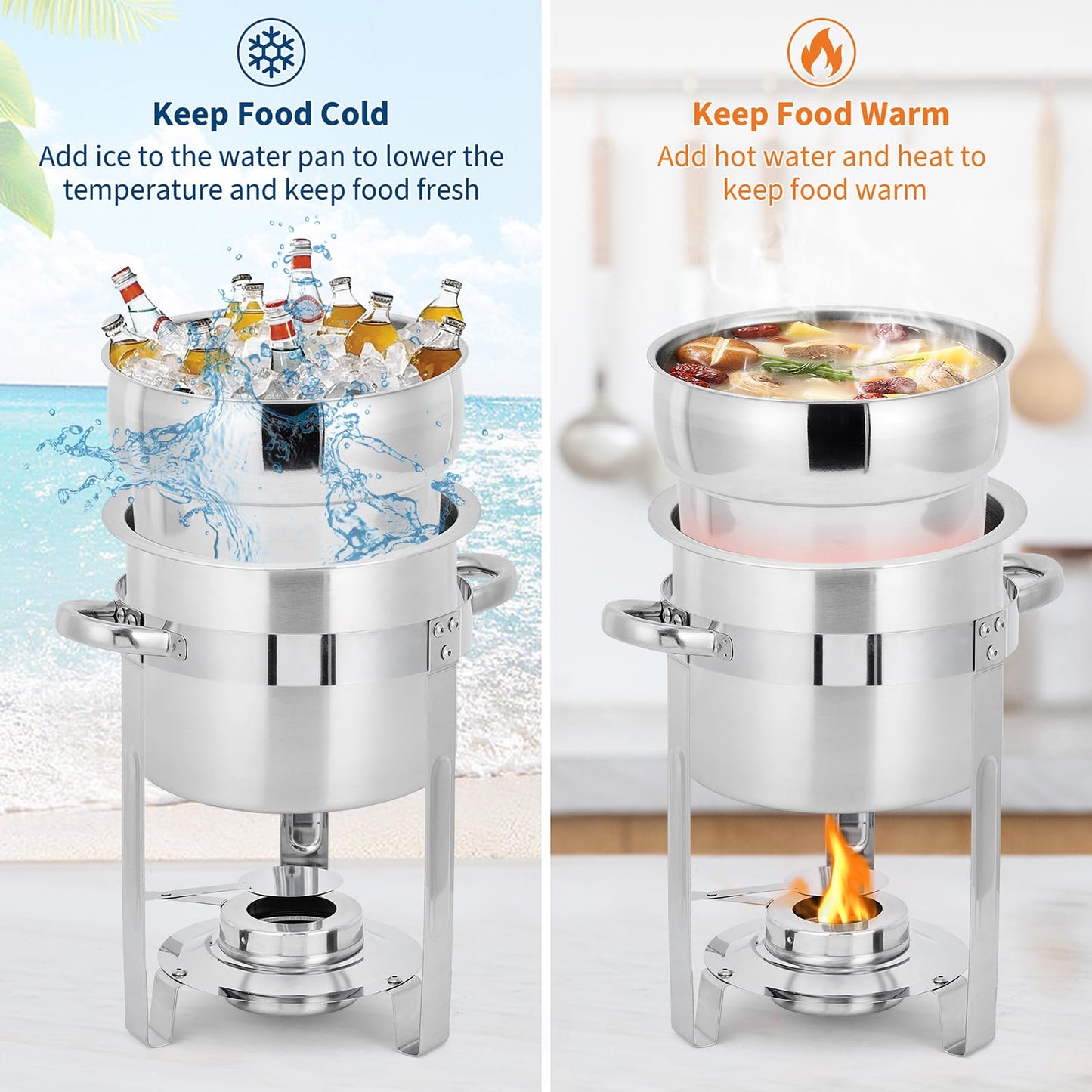 GarveeHome 11QT Soup Chafer Set of 4, Stainless Steel Round Soup Warmer with Pot, Notched Lids & Fuel Holders, Commercial Food Warmer for Buffets, Events and Party Service
